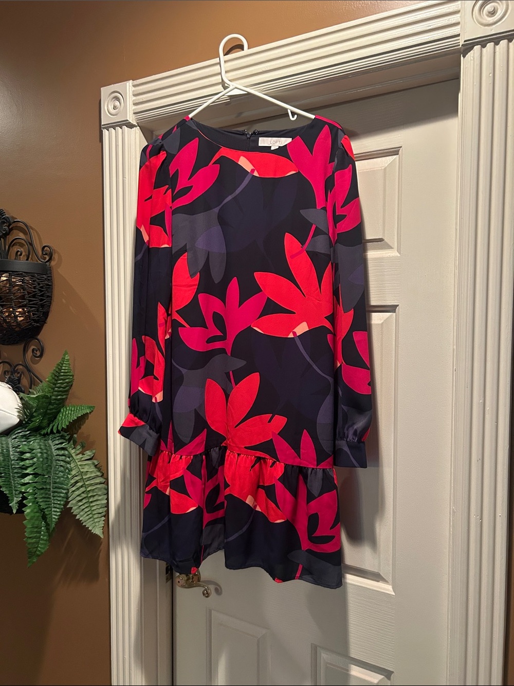 LOFT Navy Midi Dress with Bright Pink-Red Floral Print